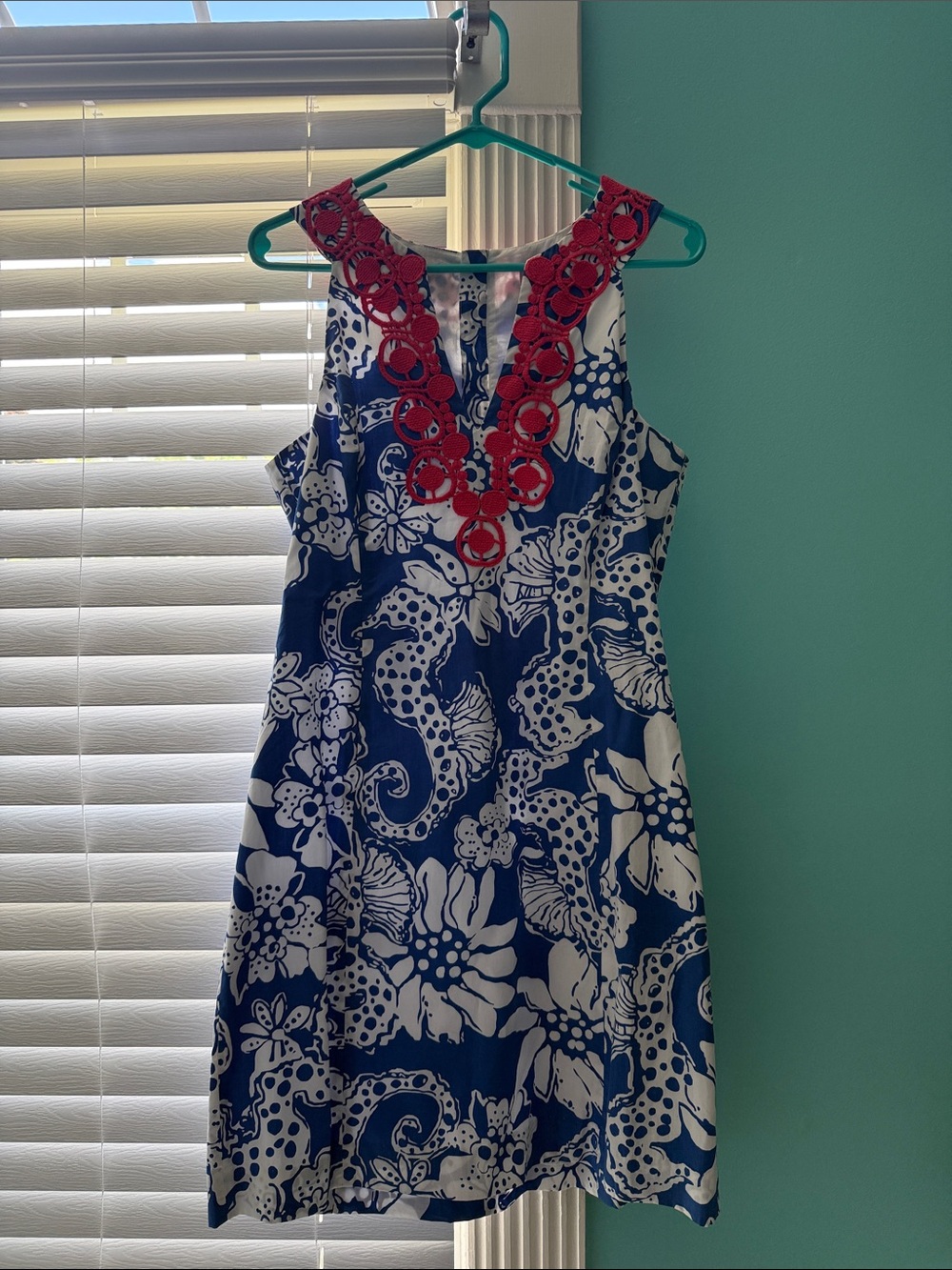 Lilly Pulitzer Navy & White Floral Mini Dress with Hot Pink Crochet Neckline